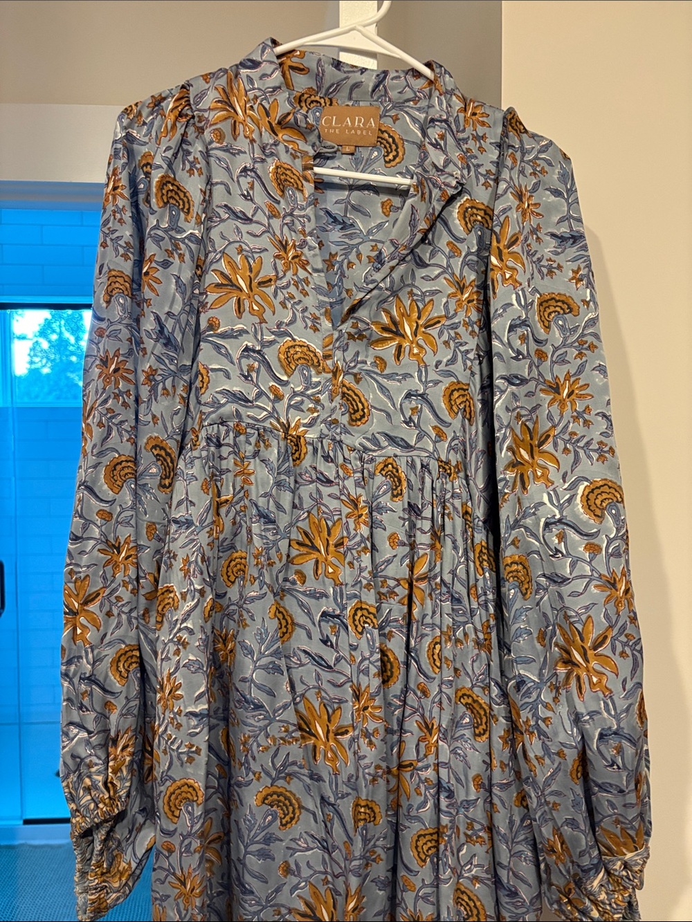CLARA Blue Floral Long-Sleeve Midi Dress with Mustard Accents